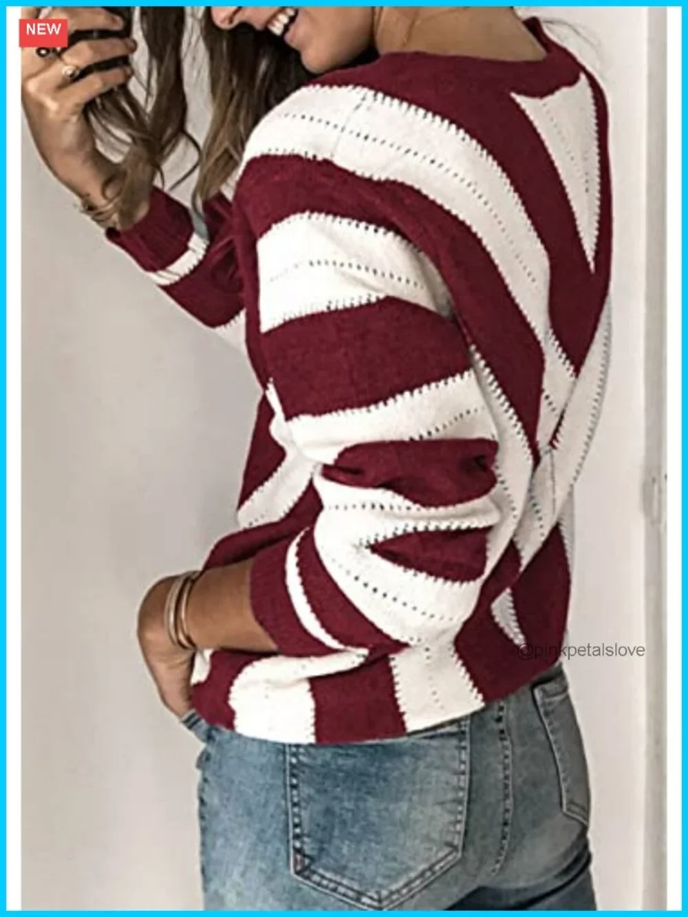 PRETTYGARDEN Women's V-Neck Striped Knit Pullover Sweater Long Sleeve